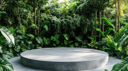 A smooth concrete stage framed by natural foliage, perfect for organic product branding.