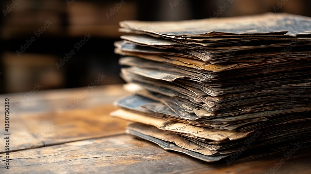 Poster Stack of Vintage Worn Out Books with Weathered Covers Representing Time and Knowledge Preservation : Generative AI