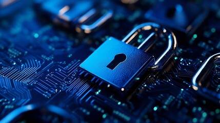 Closeup of a secure padlock on a circuit board symbolizing cybersecurity and protection : Generative AI