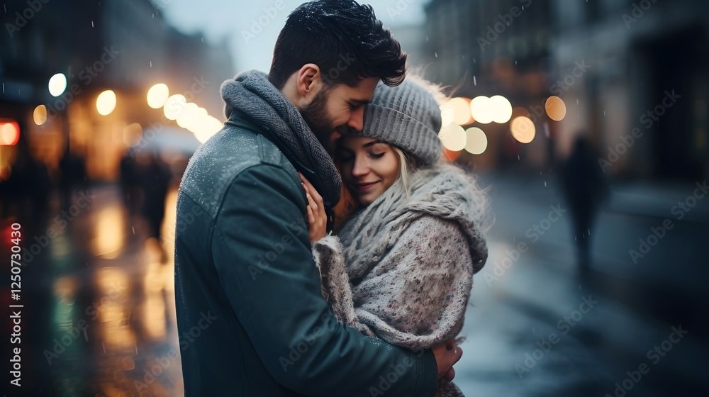 Poster a loving couple sharing a tender intimate embrace surrounded by a cozy blurred atmosphere and warm i
