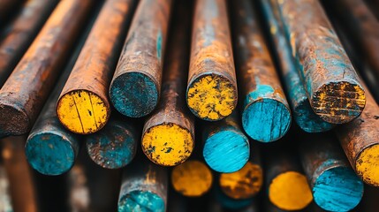 Rusty Metal Rods: A Symphony of Yellow and Teal