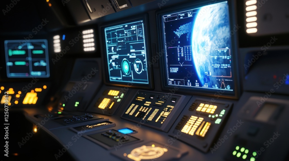 Poster futuristic spaceship control panel displaying earth and navigation data