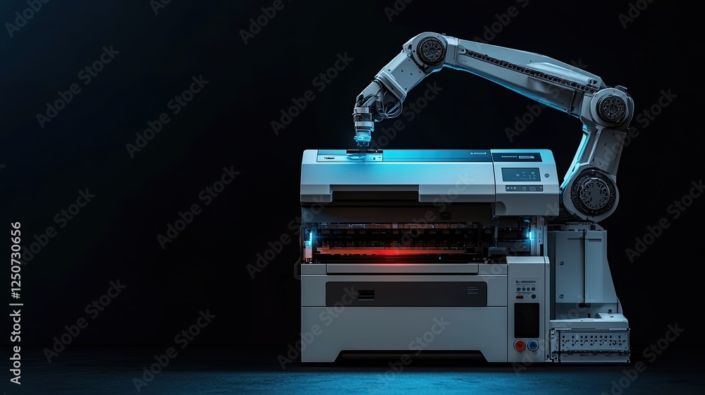 Poster printer technology expression, robotic arm operates modern printer in high-tech setting with dramati