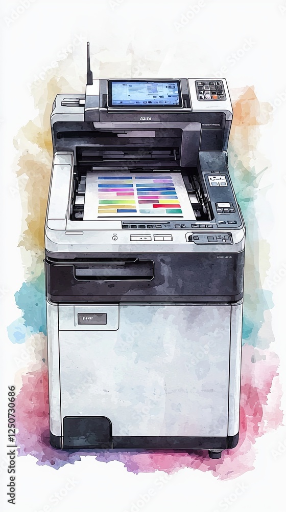 Poster printer technology expression, modern multifunction printer with color printing capabilities in brig
