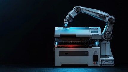 Obraz premium Printer technology expression, Robotic Arm Operates Modern Printer in High-Tech Setting with Dramatic Lighting Effects