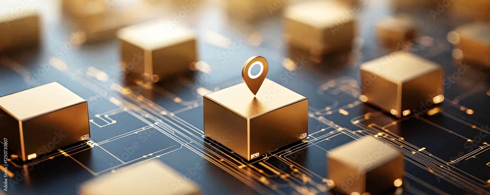 Poster internet of things and industrial automation concept. golden cubes with location pin on digital back