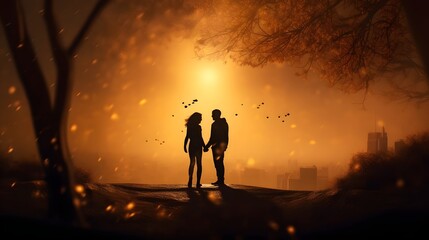 Fototapeta premium Romantic couple walking hand in hand through a dreamy ethereal landscape with soft atmospheric lighting The scene evokes a sense of tranquility intimacy and tender connection between the two figures