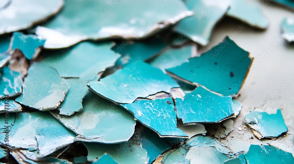 Poster Close up of beautifully distressed turquoise paint chips creating a unique textured background : Generative AI
