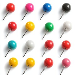 Colorful pushpins arranged neatly on a white background, symbolizing organization and reminders. Ideal for planning, strategy, and office-related themes.