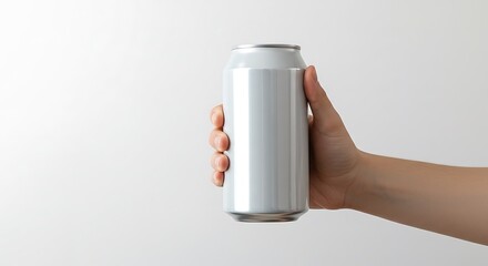 Hand Holding Plain Silver Aluminum Can Against White Background for Mockup