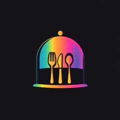 Colorful cutlery covered in cloche on dark background. Restaurant theme. Stock photo