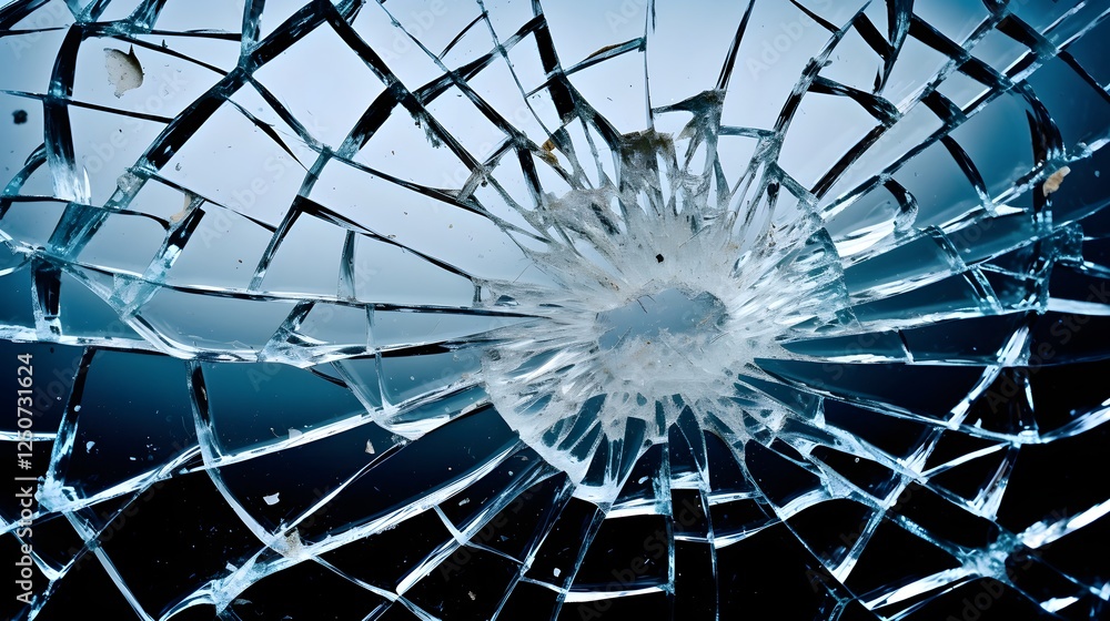 Poster closeup of a shattered glass window with intricate spiderwebbed cracks spreading across the surface 