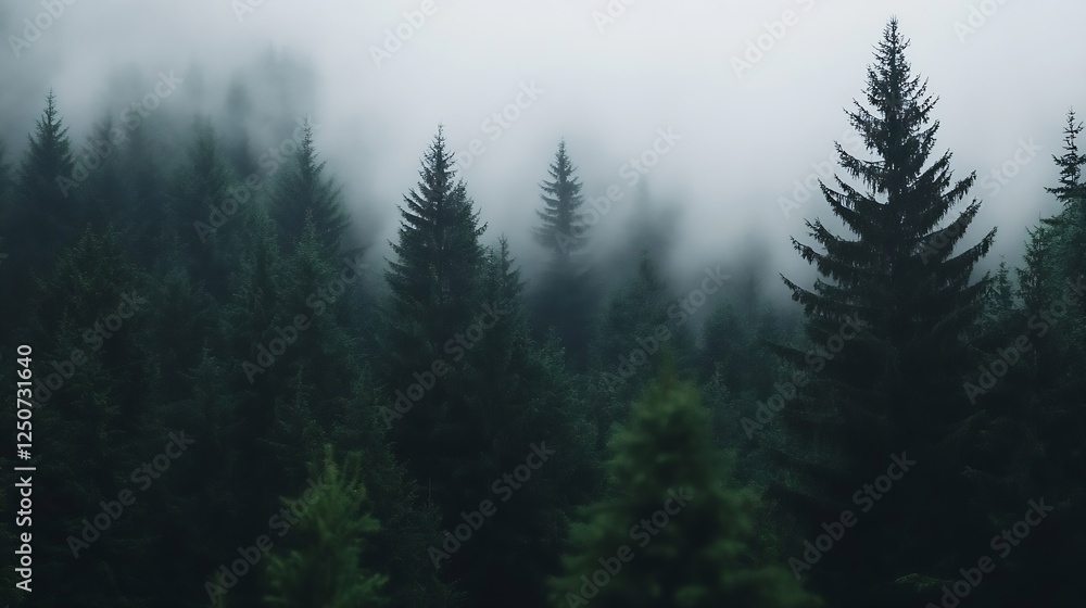 Aufkleber Dense Pine Forest Covered in Mist and Fog Creating a Mysterious Atmosphere : Generative AI