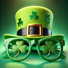 Festive green hat and shamrock glasses for St. Patrick's Day celebrations. Generative AI
