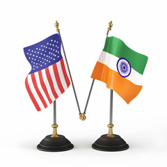 3D illustration of India and USA table flags, isolated on a white background