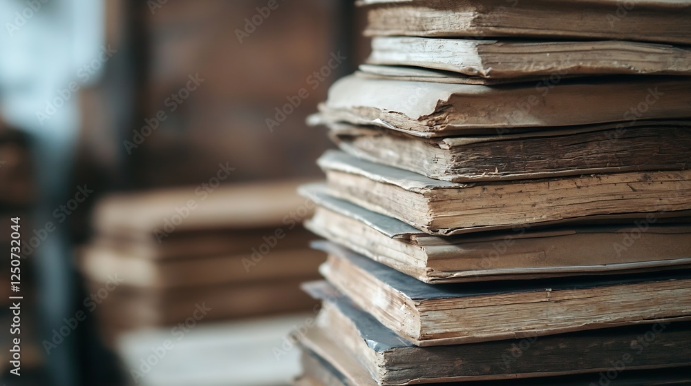 Poster Aged and faded stack of antique books displaying scholarly knowledge and history preserved through time in a rustic library setting : Generative AI