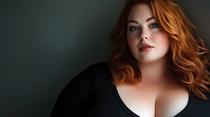 Portrait of a confident plus-size redhead woman with wavy hair, wearing a black top against a dark background.