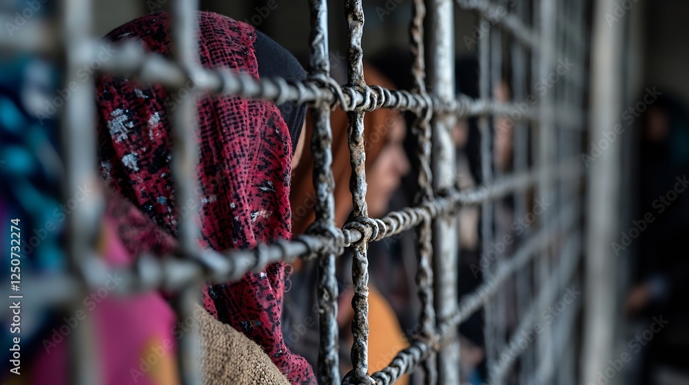 Poster somber image capturing the struggles of people behind a metal fence in a humanitarian crisis setting