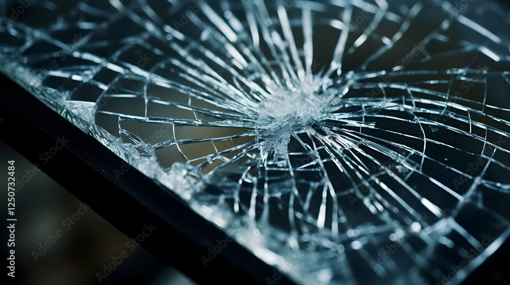 Aufkleber macro close up of a phone screen with a damaged cracked glass surface showing intricate patterns of 