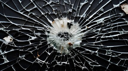 Macro shot of a phone screen with a shattered glass surface showcasing a pattern of cracks radiating from a single point on the display  The intricate texture and details highlight the technology