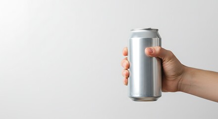 Hand Holding Silver Can Against White Background Mockup for Beverage Design