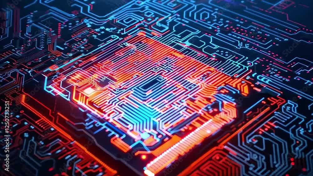 Poster a close-up view of a microchip with glowing circuit patterns, set against a dark, complex electronic