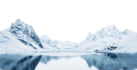 Snowy mountains reflected in a calm lake.