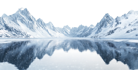 Stunning reflection of snow capped mountains in a frozen lake.