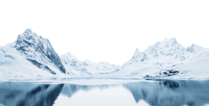 Snowy mountains reflected in a calm lake.