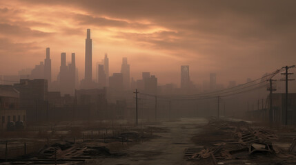 Post-Apocalyptic Cityscape, Sunset Haze - Dystopian Worlds