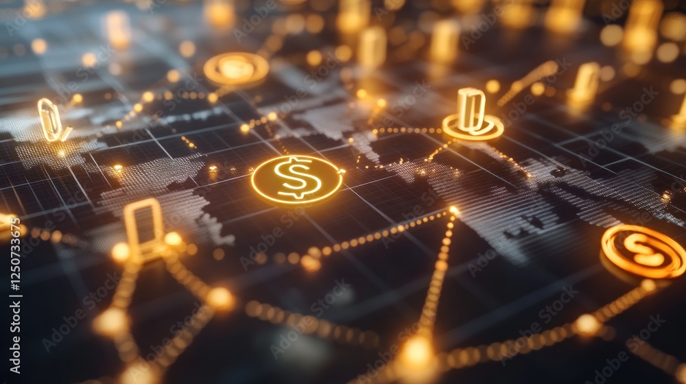 Poster global financial network: illuminated world map with currency connections