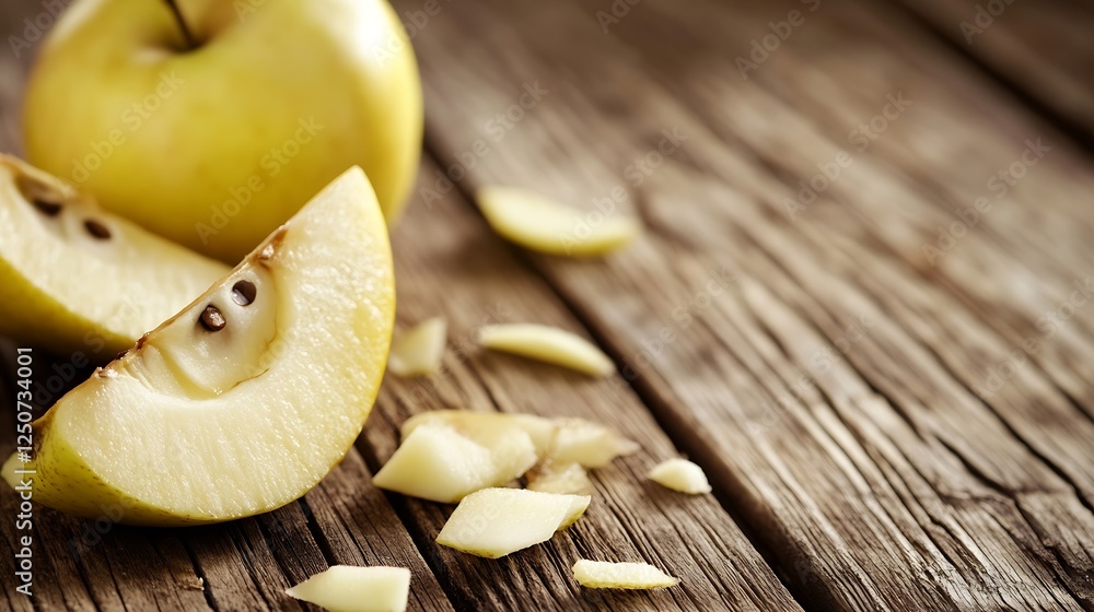 Aufkleber fresh green apple slices with whole apple on rustic wooden table with natural light : generative ai