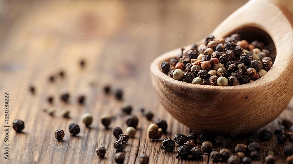 Poster wooden spoon filled with assorted black and white peppercorns on a rustic wooden table : generative 