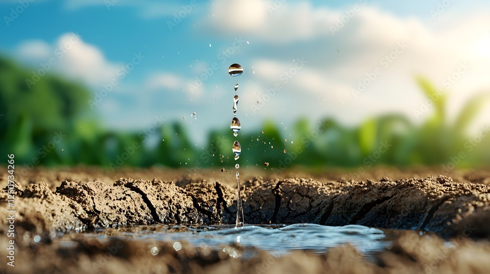 Poster refreshing raindrop splash creating ripples on the moist soil in a lush green countryside landscape 