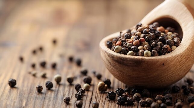 Wooden spoon filled with assorted black and white peppercorns on a rustic wooden table : Generative AI