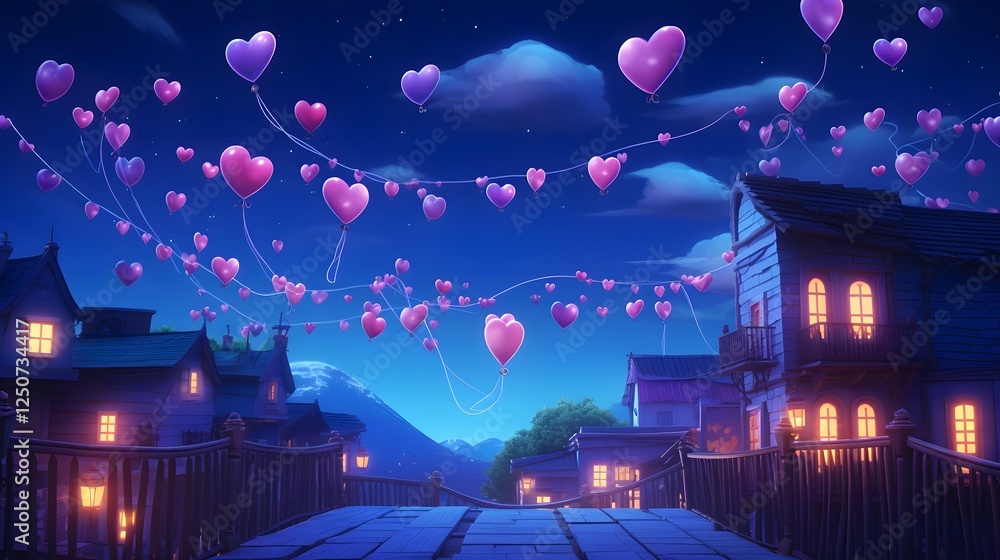 Poster dreamy night sky filled with glowing heart shaped lights creating a romantic and atmospheric landsca