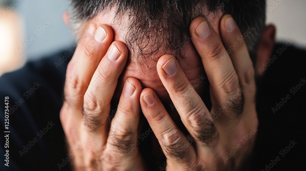 Poster a man with his head in his hands expressing deep emotional distress and frustration as he copes with