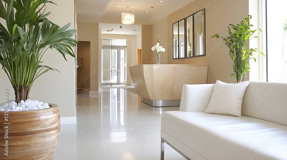 Aufkleber modern and elegantly designed interior of a bright lobby space with welcoming seating and lush green