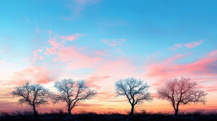 Fototapeta premium Stark silhouettes of glacial trees against twilight hues in winter landscape wide shot capturing nature's beauty