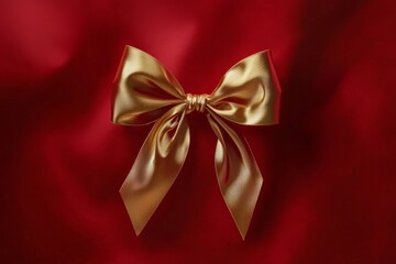 Elegant gold ribbon bow beautifully displayed against rich red fabric background