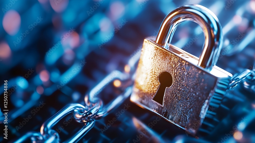 Poster CloseUp of a Secure Padlock on a Chain Symbolizing Protection and Security : Generative AI