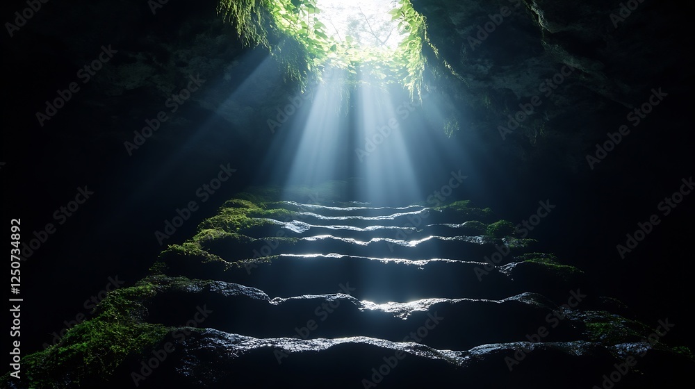 Poster mysterious cave with illuminating sunlight beaming through a hole above stairs covered in greenery :