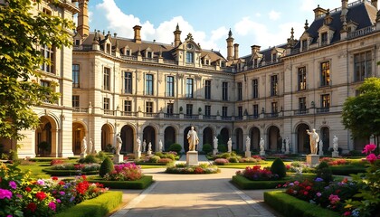 Fototapeta premium Statues, Flowers, and a Grand Palace: A Serene Architectural Vista