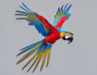 Colorful macaw parrot with vibrant feathers on grey background for tropical design