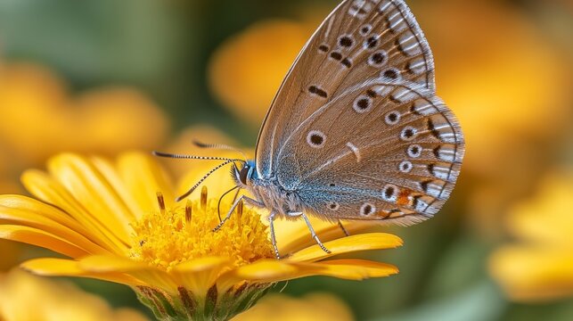Common blue butterfly feeding on yellow flower, garden, summer