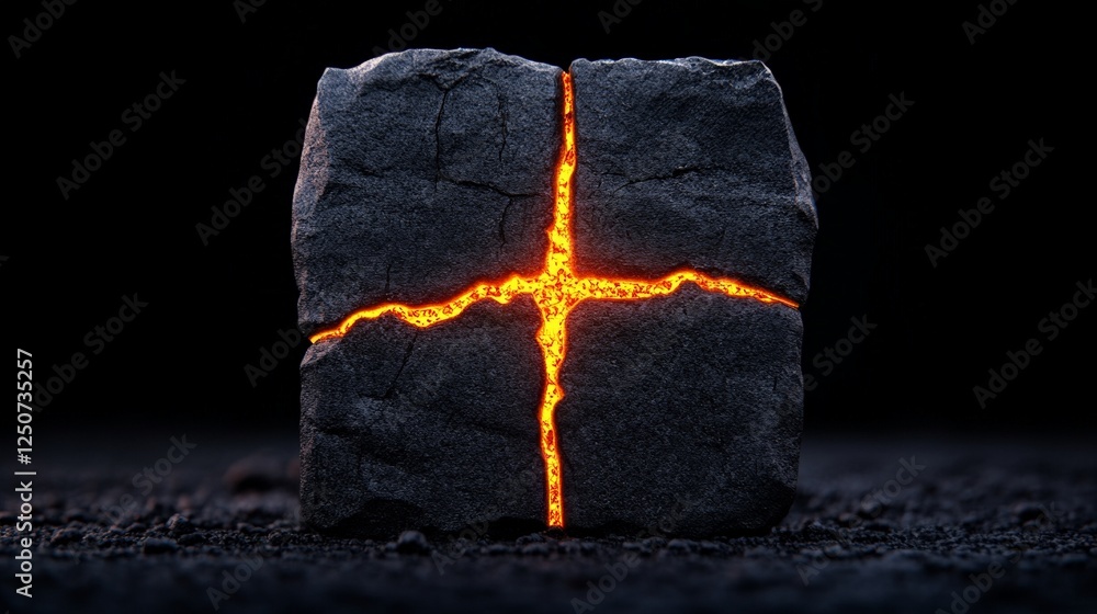 Poster glowing cube: a striking depiction of a fragmented stone cube with radiant, fiery energy illuminatin