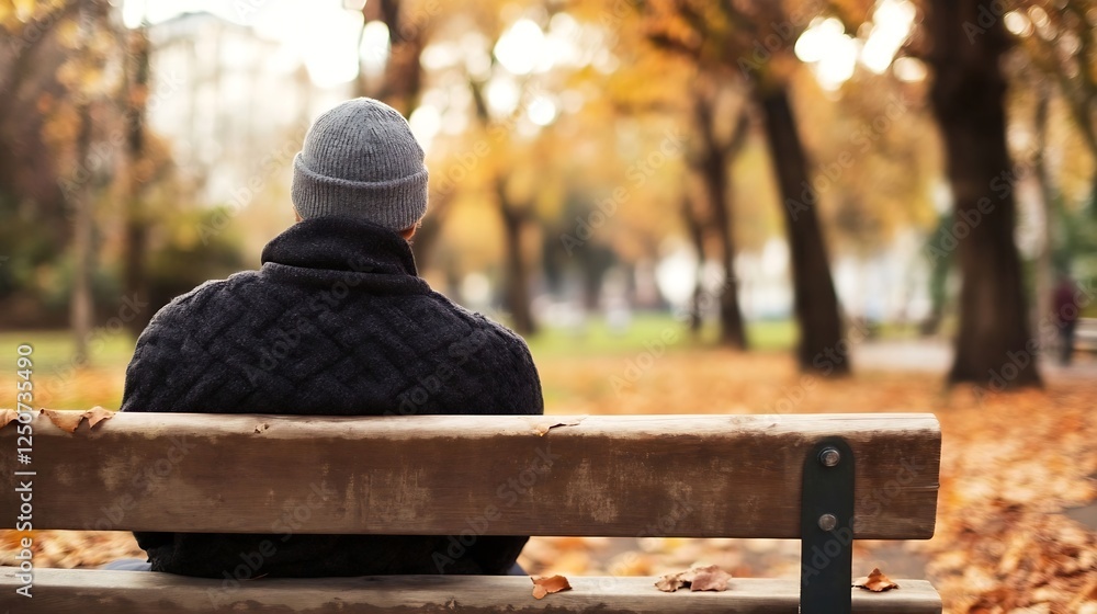 Poster Man Sitting Alone on a Park Bench Surrounded by Autumn Leaves in a Serene Park Setting : Generative AI