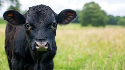 Portrait of an adorable young black calf looking curiously in a lush green field : Generative AI