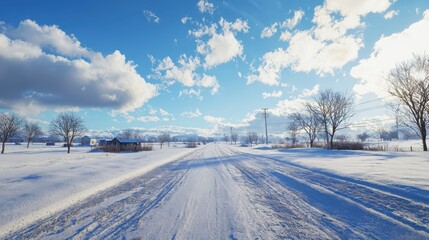Fototapeta premium Snowy landscape under heavy clouds winter road scene midrange view natural environment realistic snow textures