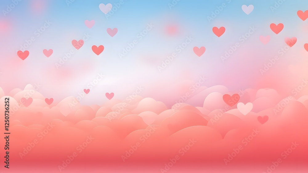 Poster dreamy and ethereal pastel gradient in soft pink and red colors with floating heart symbols creating